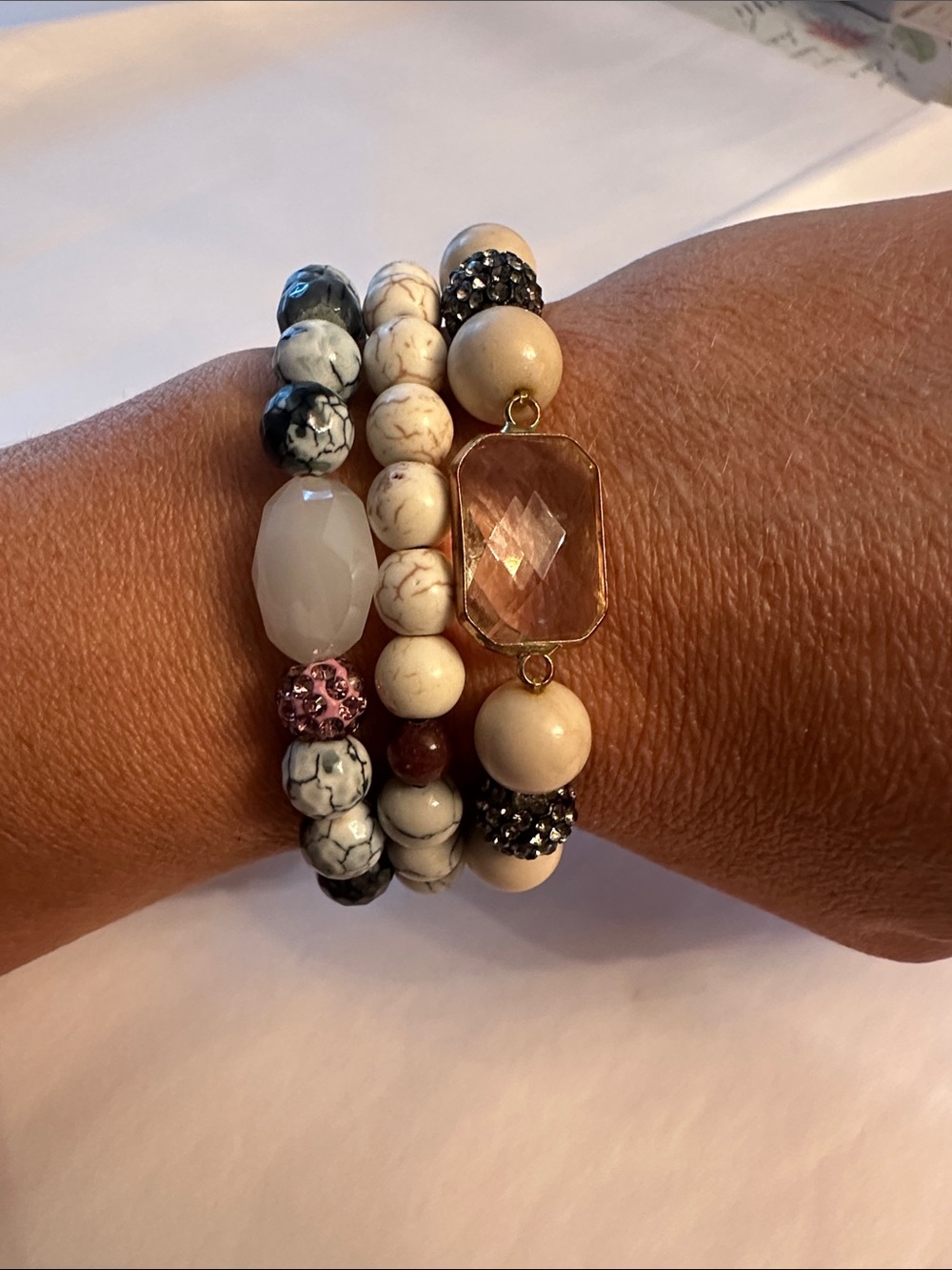 Erimish Cream, White and Pink Faceted Stone Multi-Strand Bracelet